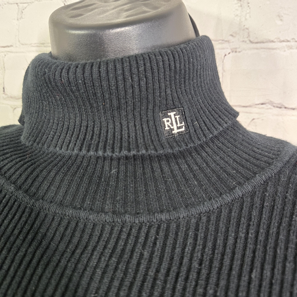 Vtg 90s Ralph Lauren Black Ribbed Cotton Turtleneck Embroidered Logo Lg Preppy